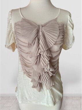 Vintage Anthropologie Deletta Romantic Ivory Top with Lilac Pleated Ruffle Front